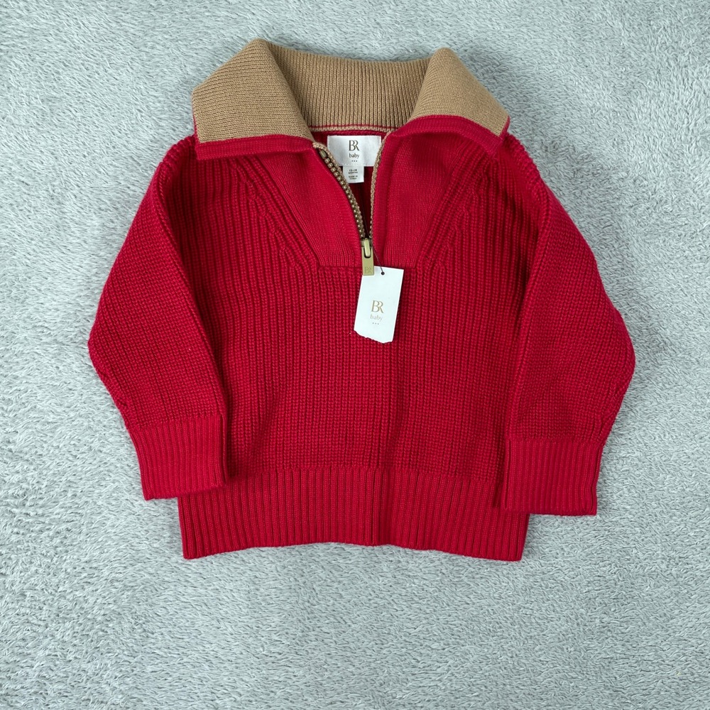 Banana Republic Baby Sweater 12-18 Months Red Tan Quarter Zip Ribbed Knit NWT